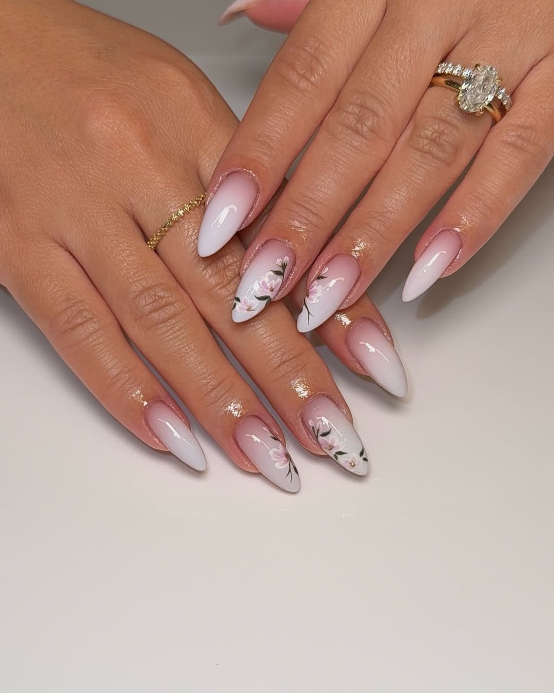 Ombre Almond Nails with Pink Floral Art