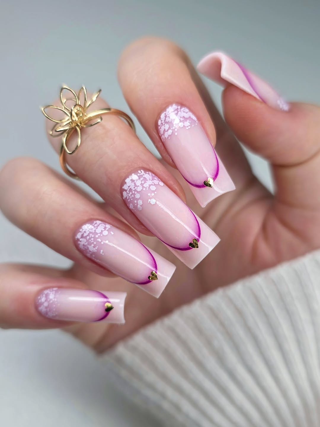 Ombre Glitter Pink Heart French Tip Square Nails