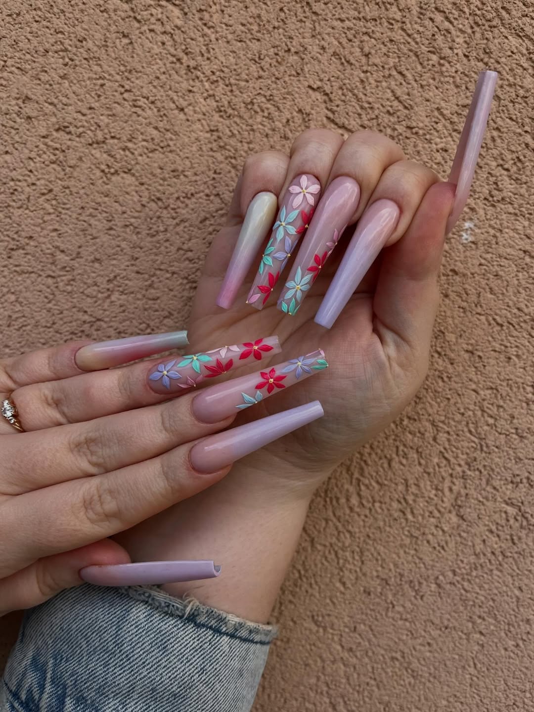 Ombre Pastel Coffin Nails with Spring Floral Accents
