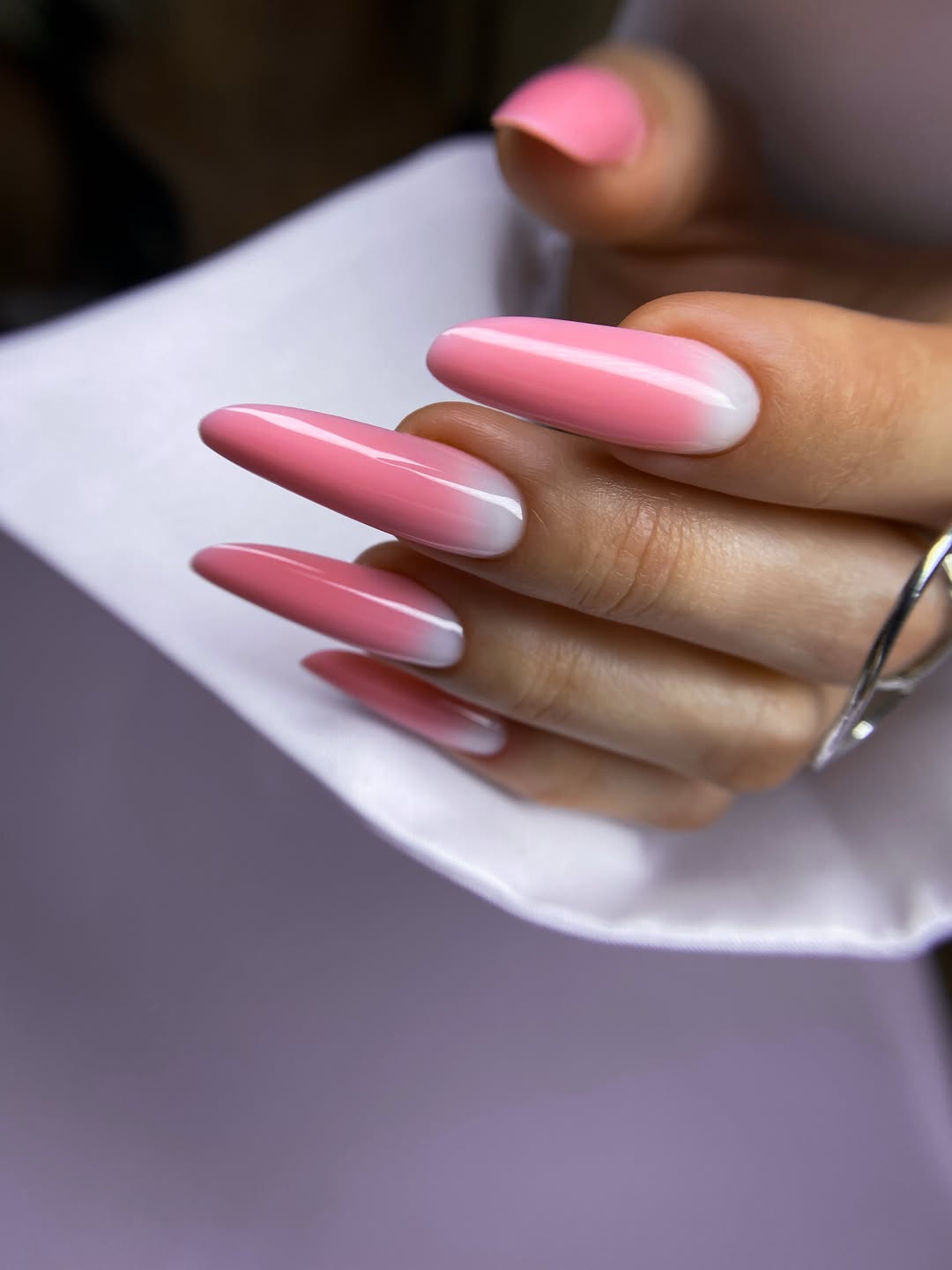 Ombre Pink and White Almond Nails