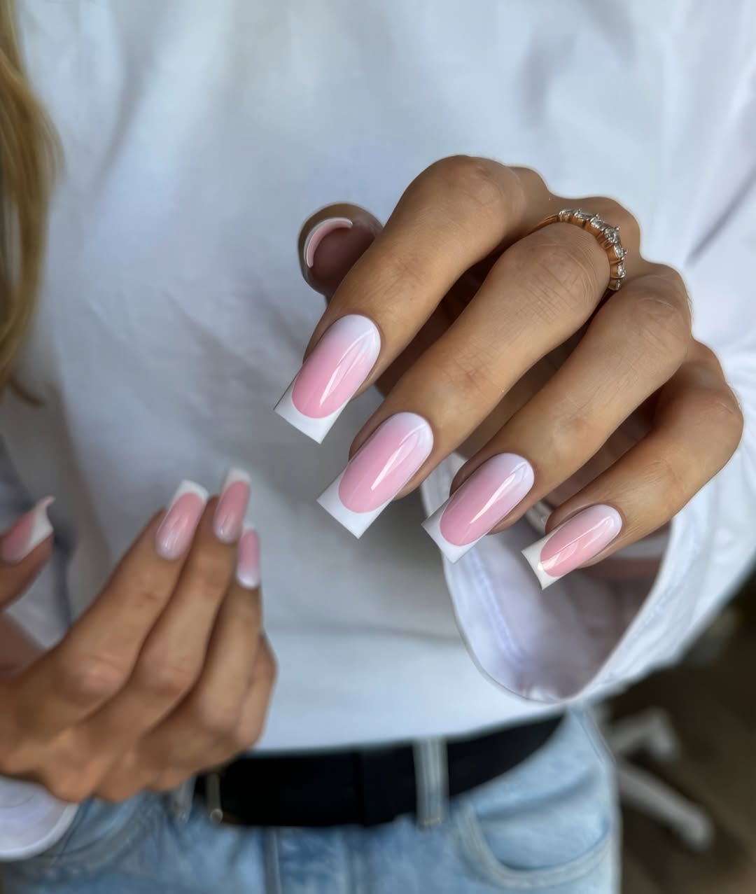 Ombre Pink and White French Tip Coffin Nails
