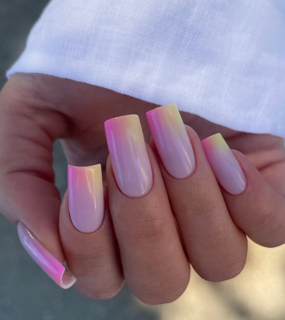 Ombre Pink Yellow Glossy Square Nails