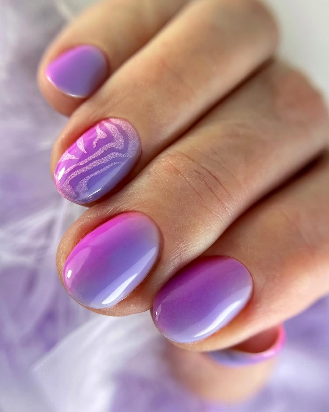Ombre Purple Fun Oval Nails With White Zebra Detail