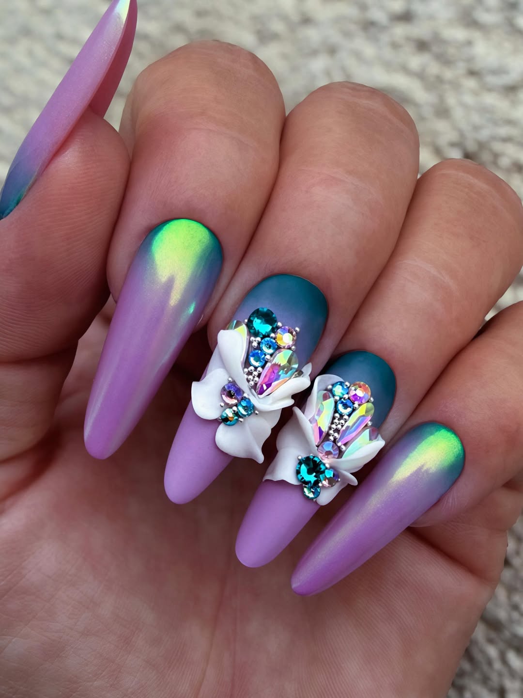 Ombre Teal and Lavender Stiletto Nails with 3D Accents