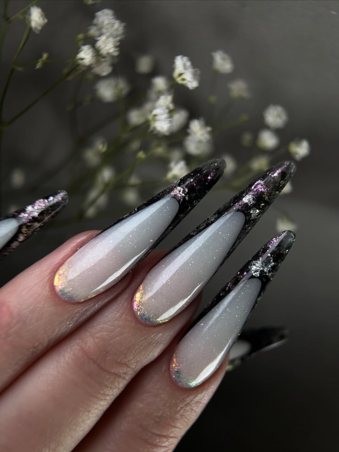 Opal Glitter French Ombre Stiletto Nails