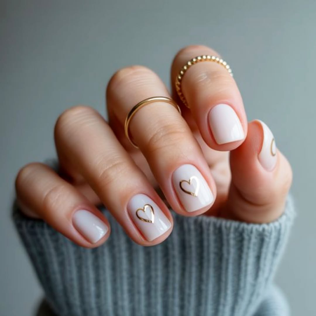 Opal White With Glam Gold Heart Nail Art