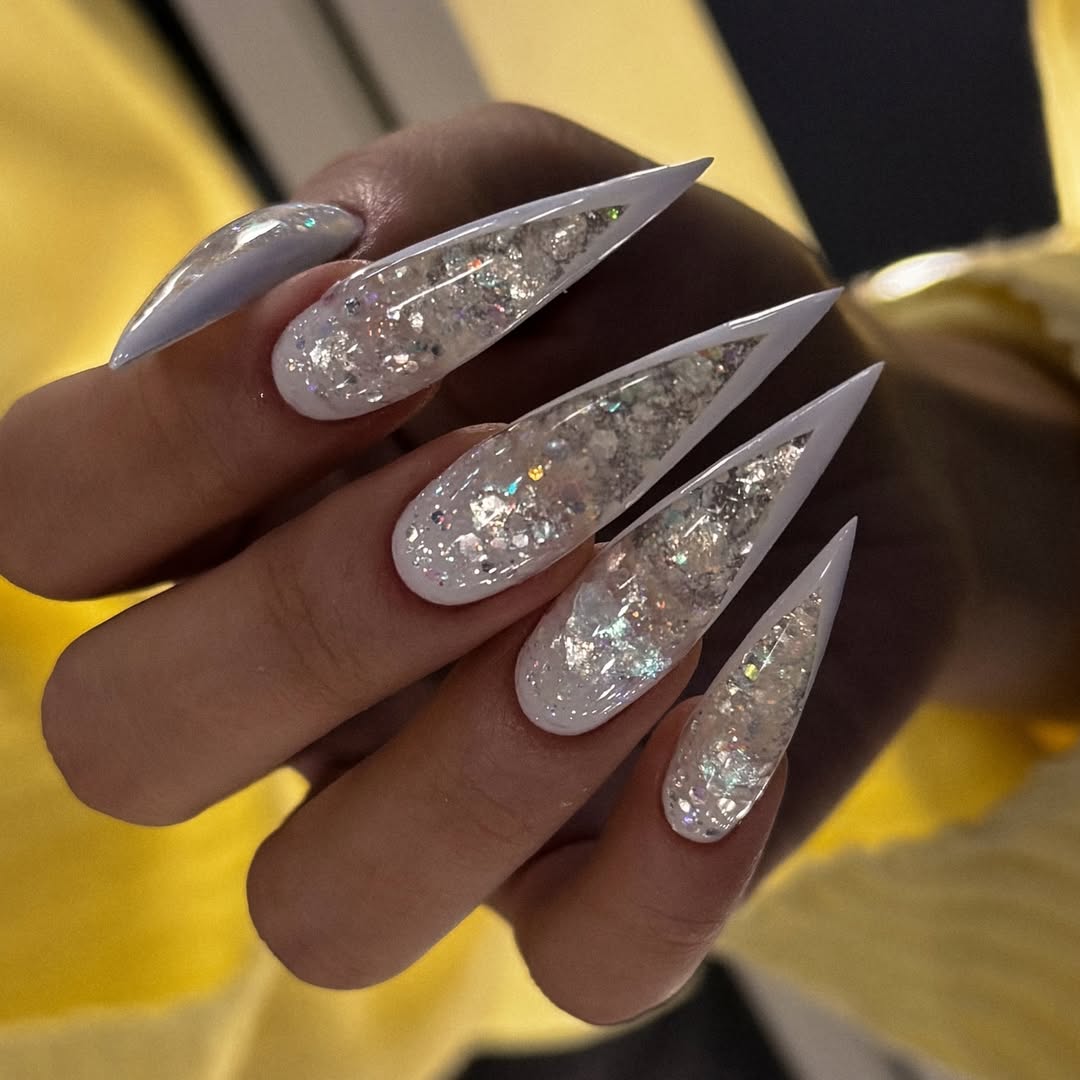 Opalescent White Stiletto Nails with Holographic Glitter Encapsulated