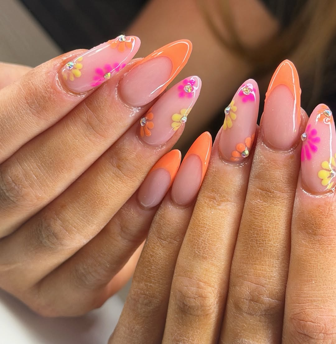 Orange French Tips with Daisy Nail Art