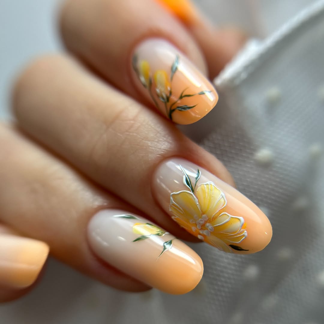 Orange Ombre Floral Almond Summer Nails