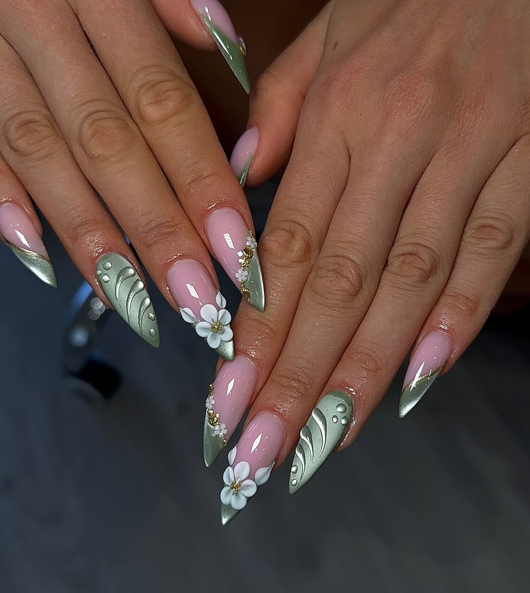 Pale Pink French with Sage Green 3D Flowers and Accents