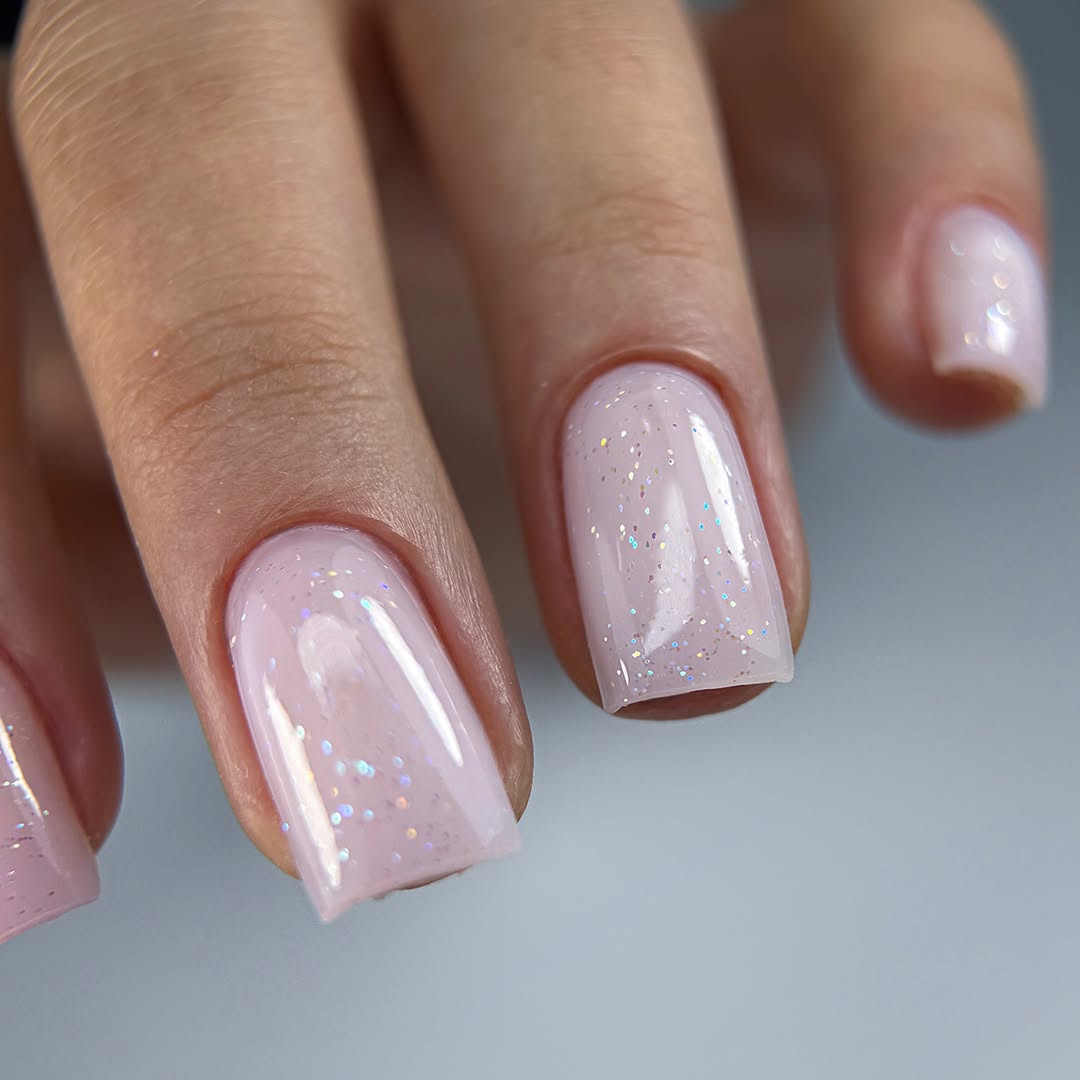Pale Pink Glossy Glitter Squoval Gel Nails