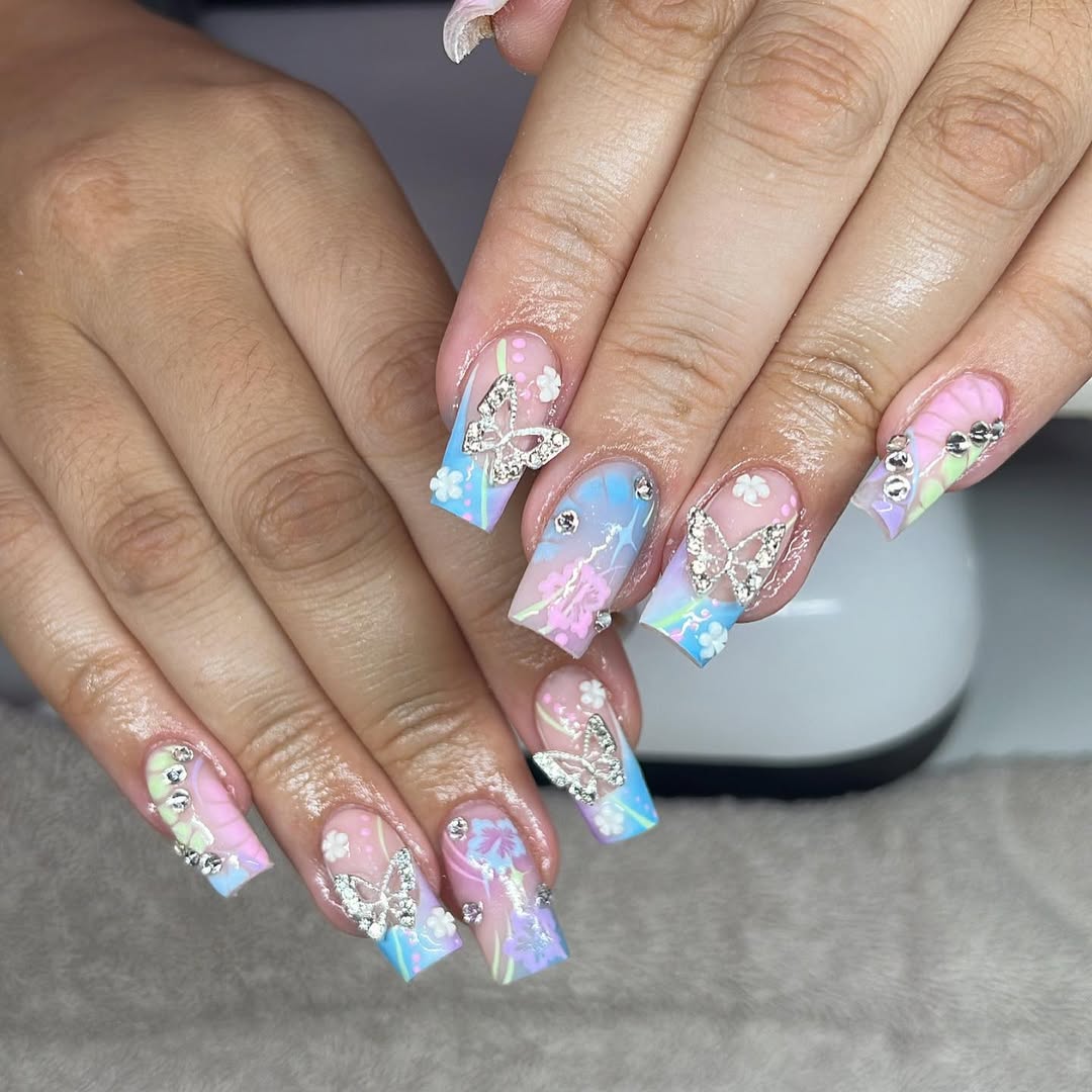 Pastel Aura Butterfly Long Square Nails