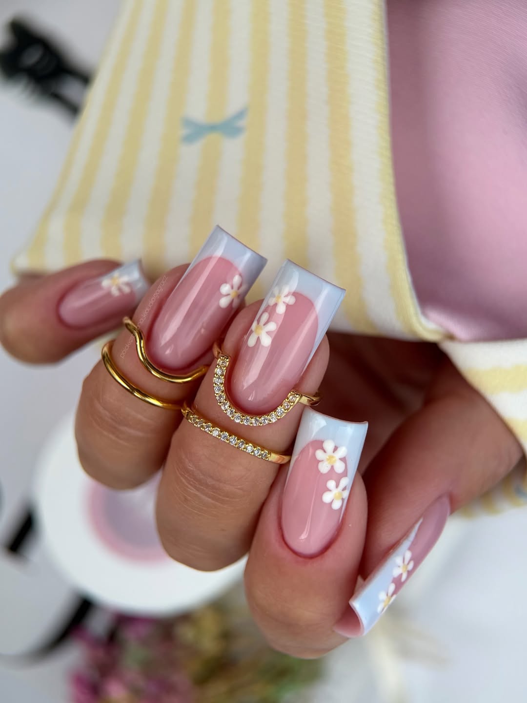 Pastel Blue French Tips with White Daisy Art