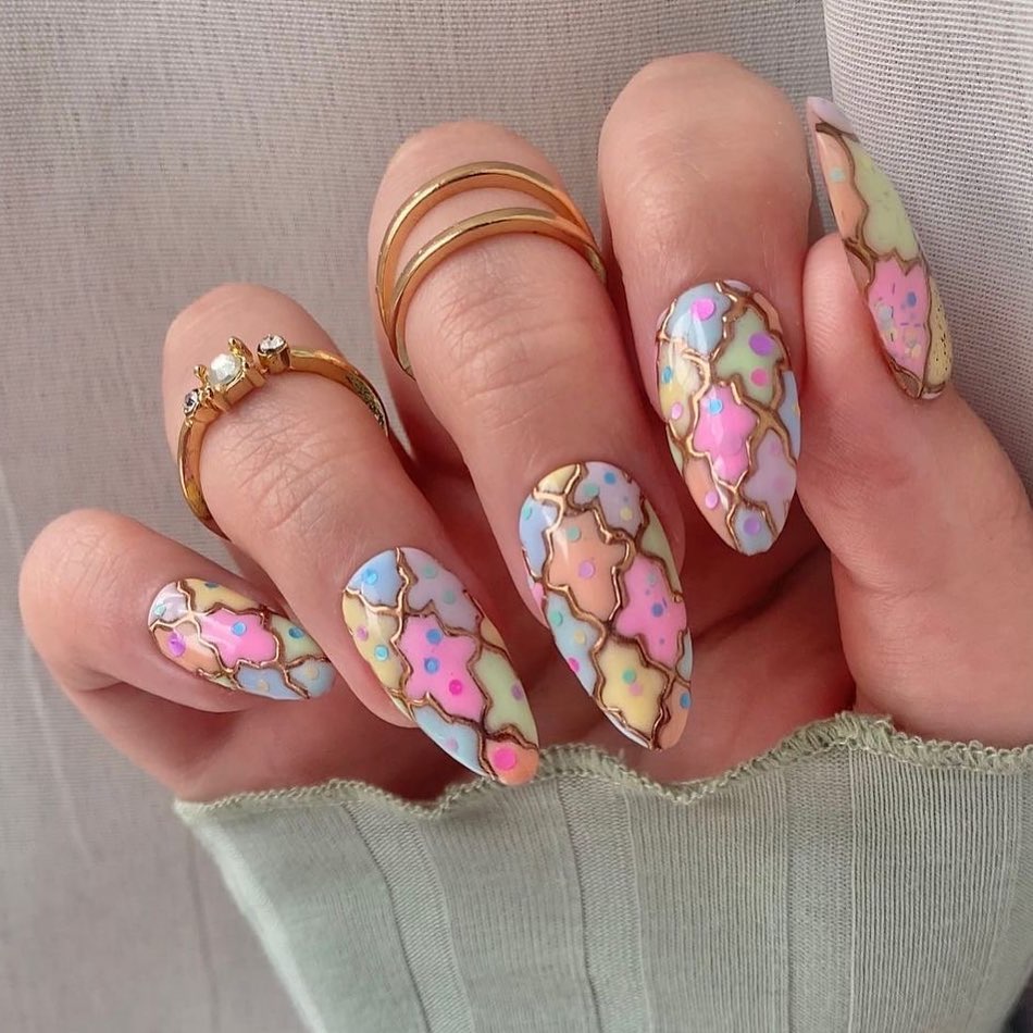 Pastel Gingham Gold Outline Long Almond Nails