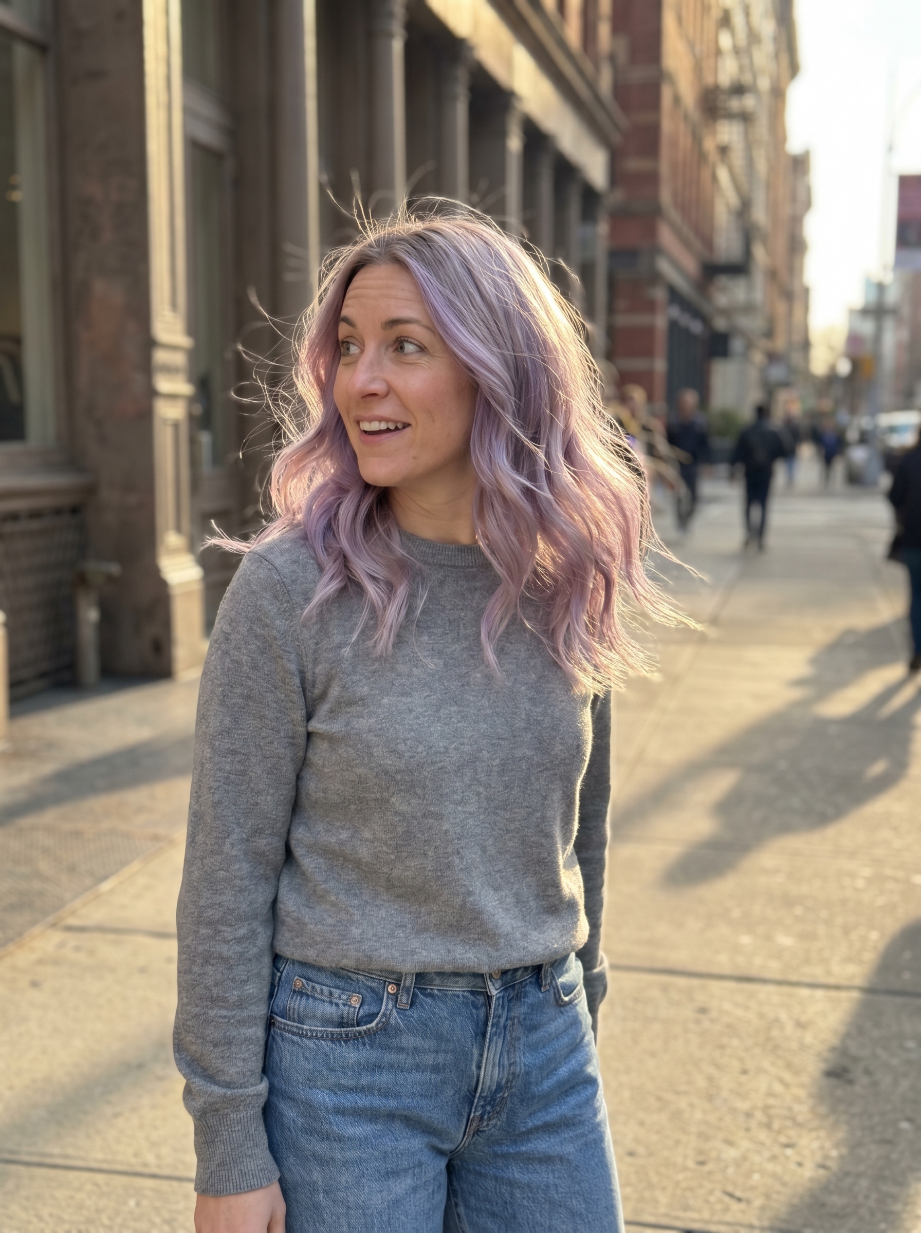 Dramatic Digital Lilac Glaze pastel hair color summer 2026 for a modern look, featuring cool violet strands with iridescent silver highlights, perfect for everyday or special occasions. Includes color-safe shampoo and K18 mask.