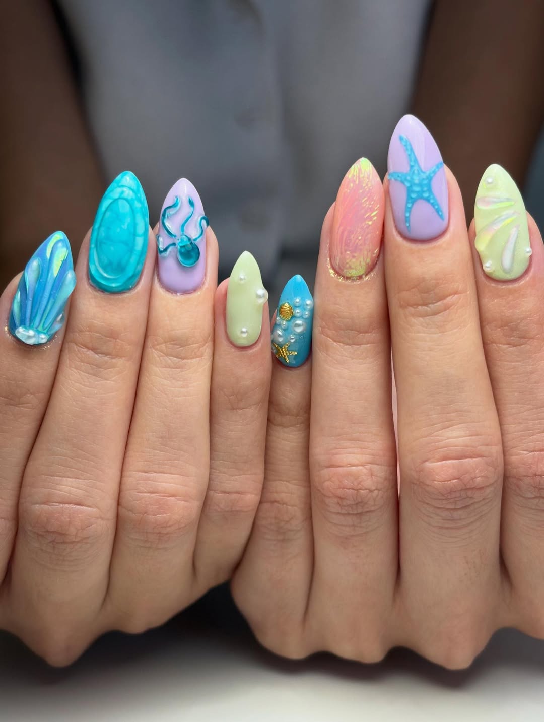 Pastel Mermaidcore 3D Ocean Life Almond Nails
