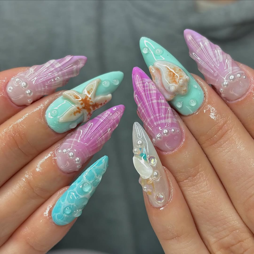 Pastel Ocean 3D Charm Stiletto Nails