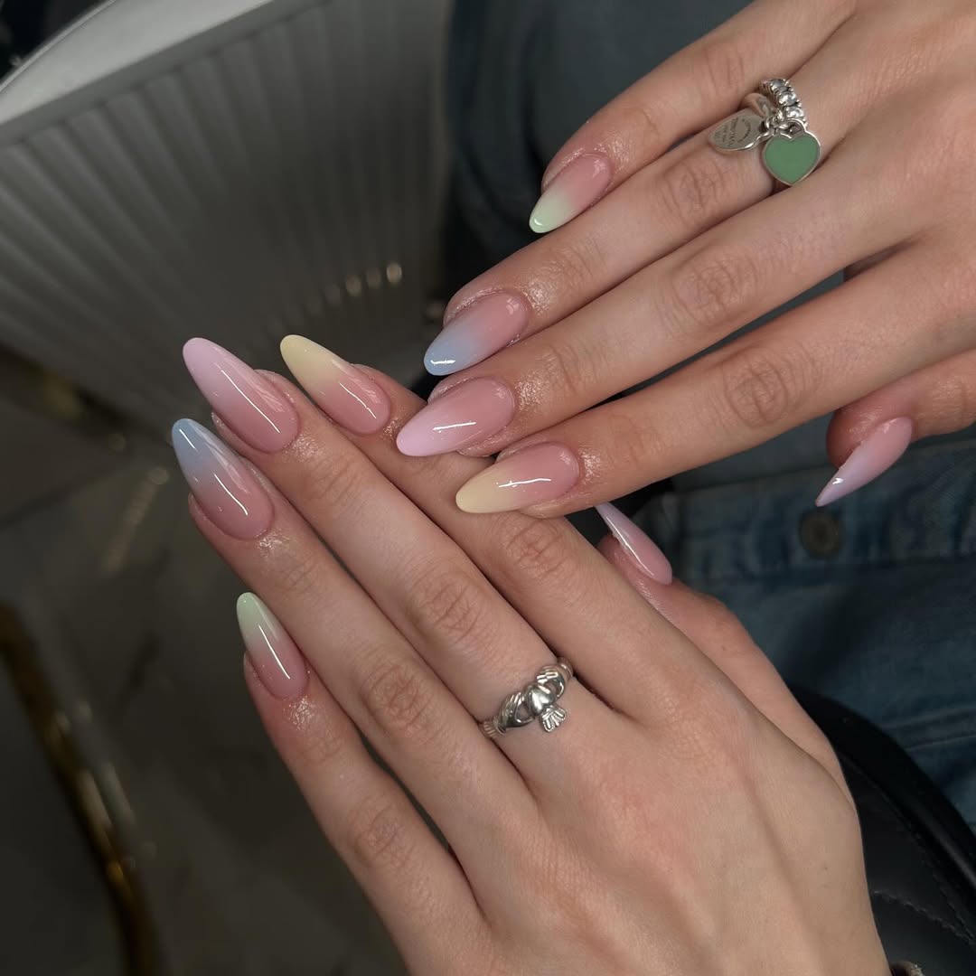Pastel Pink Yellow Blue Green Ombre Stiletto Nails