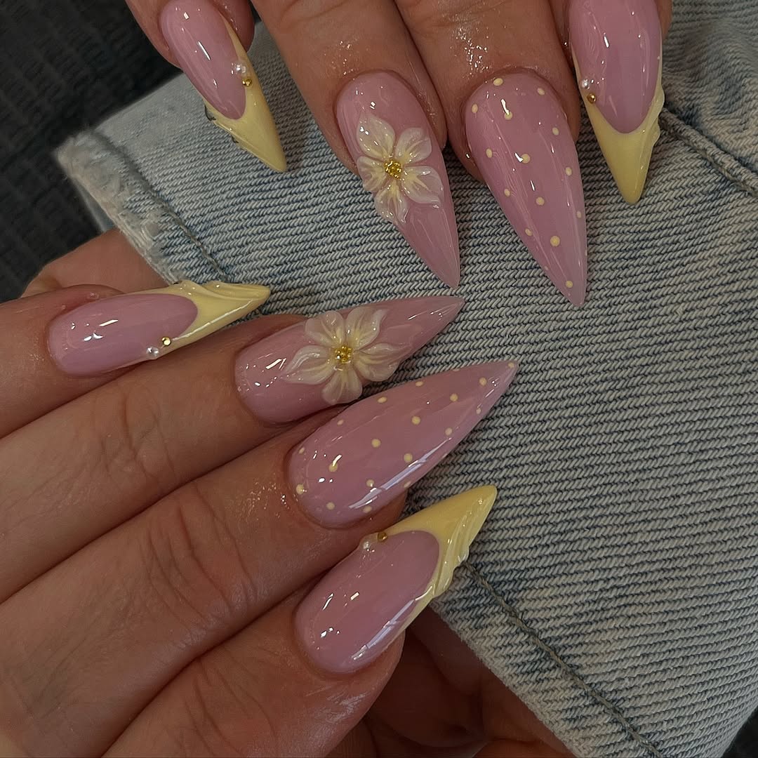 Pastel Pink Yellow Floral French Tip Almond Nails
