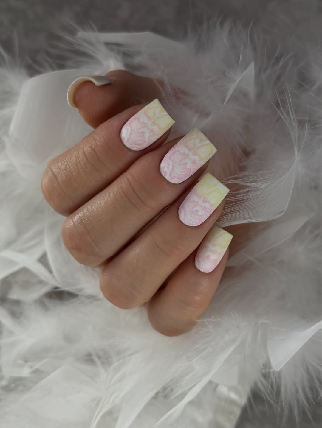 Pastel Pink Yellow Floral Matte Square Nails