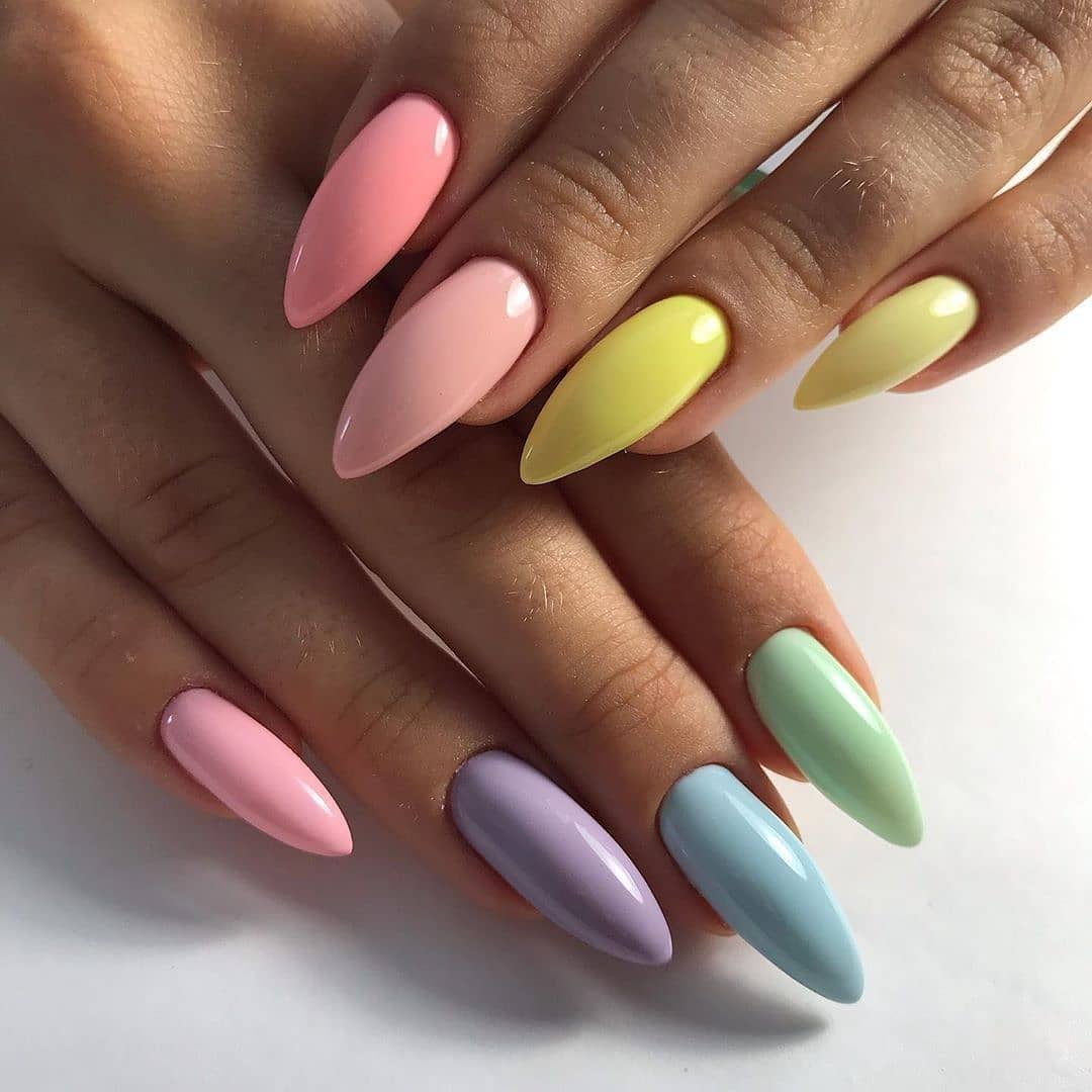 Pastel Rainbow Glossy Almond Summer Nails