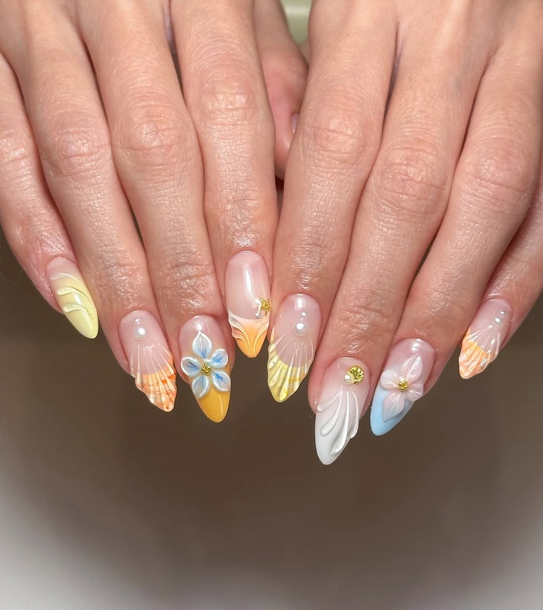Pastel Shell French Tips with 3D Ocean Charms