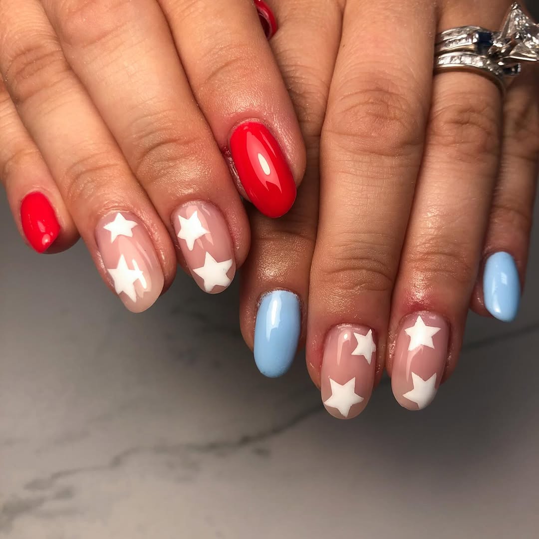 Patriotic Americana Star Nude Almond Nails