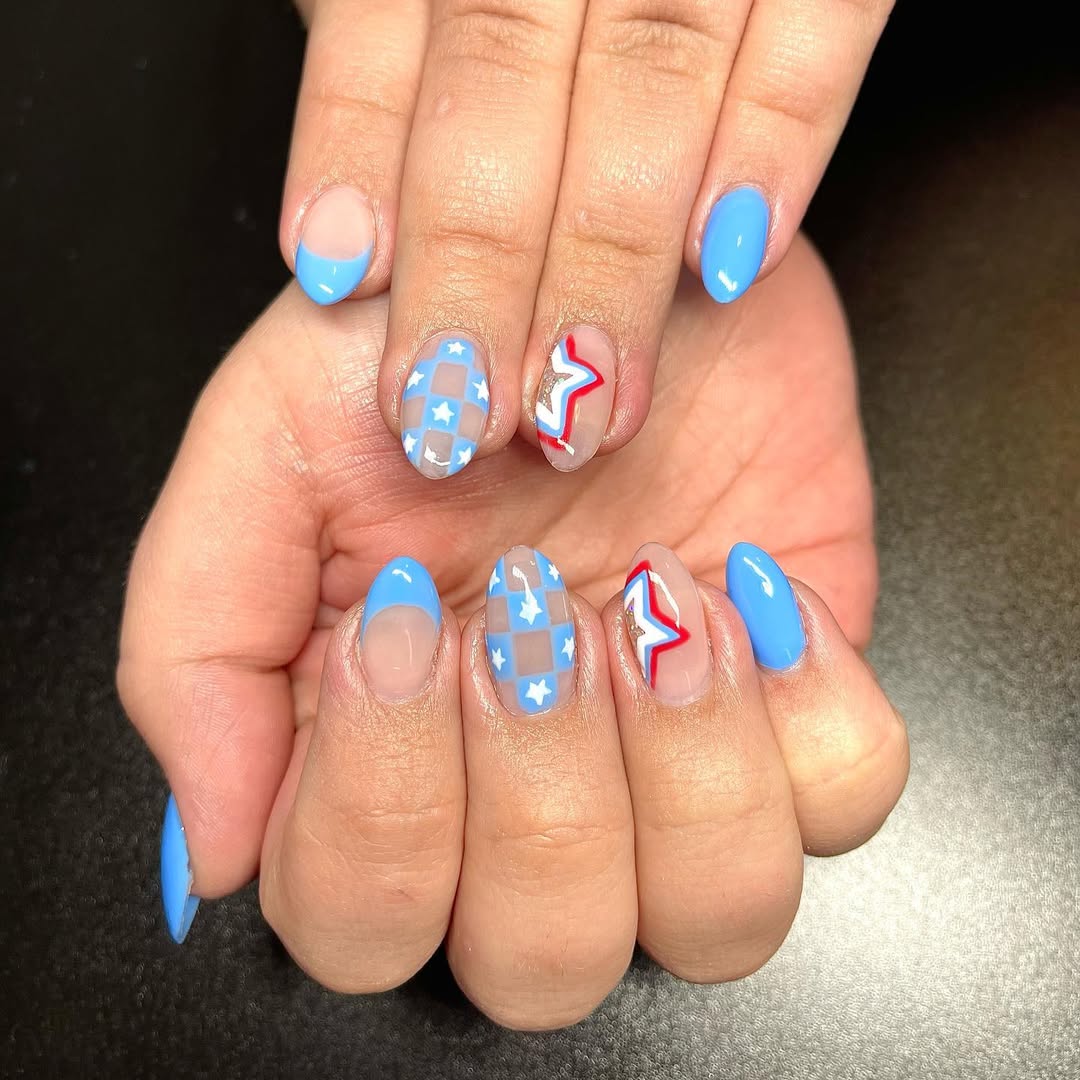 Patriotic Blue Checkered Star and French Tip Nails