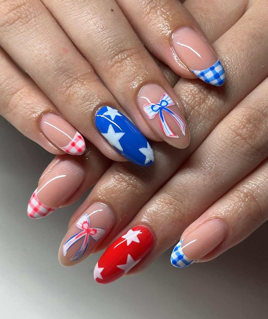 Patriotic Gingham and Bow French Tip Nails