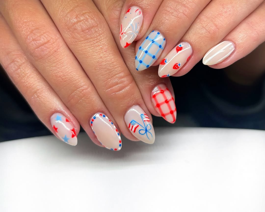 Patriotic Playful Red White Blue Almond Nails