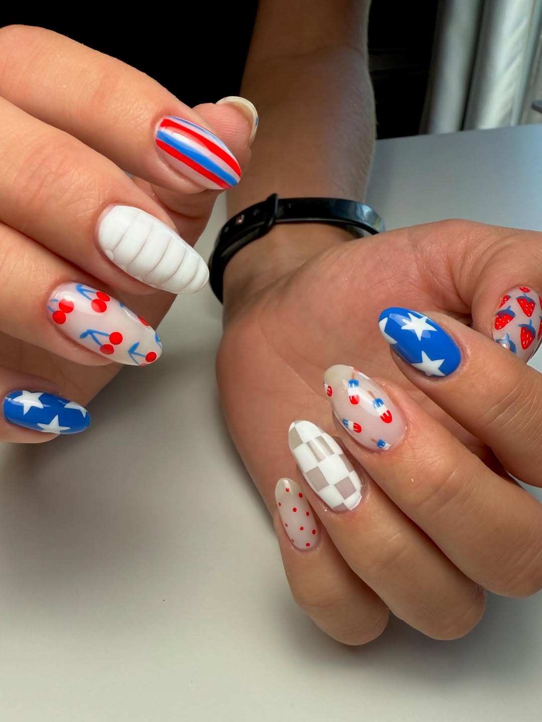 Patriotic Playful Red White Blue Almond Nails
