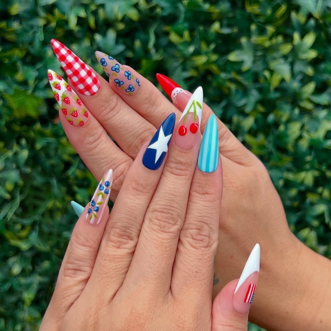 Patriotic Playful Stiletto Nails With Fruit And Gingham