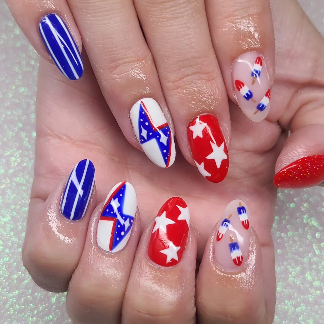 Patriotic Pop Art Red White Blue Oval Almond Nails