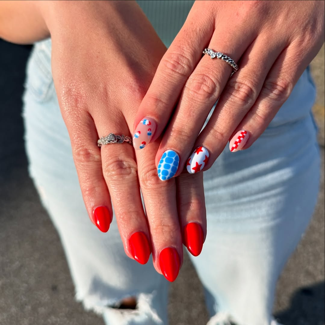 Patriotic Red White and Blue Almond Nail Art