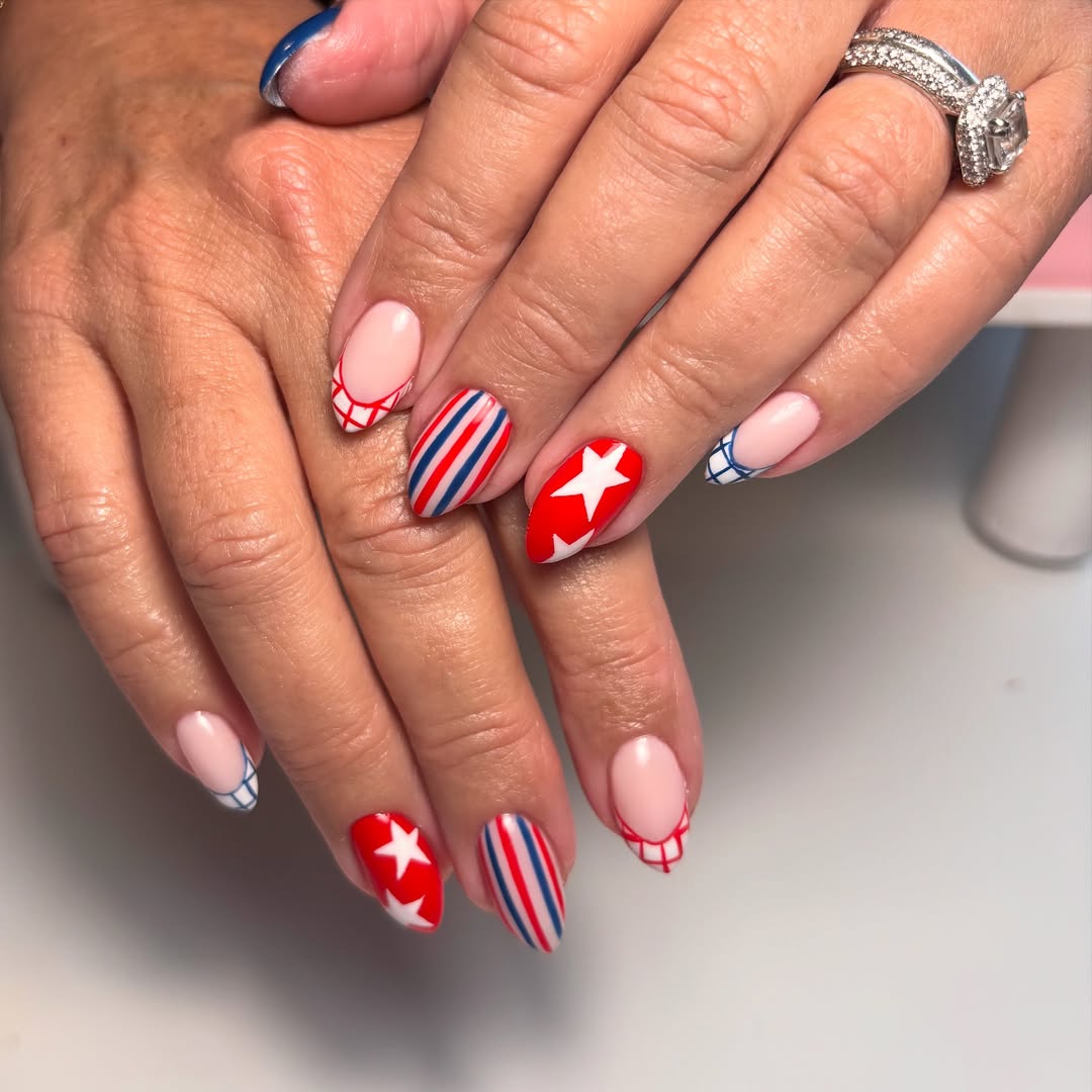 Patriotic Red White Blue Almond Nails