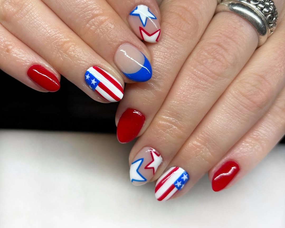 Patriotic Red White Blue Almond Nails With Stars