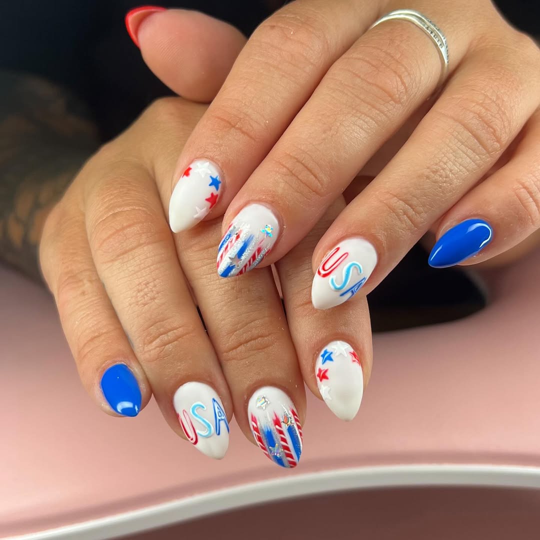 Patriotic Red White Blue Almond USA Nails