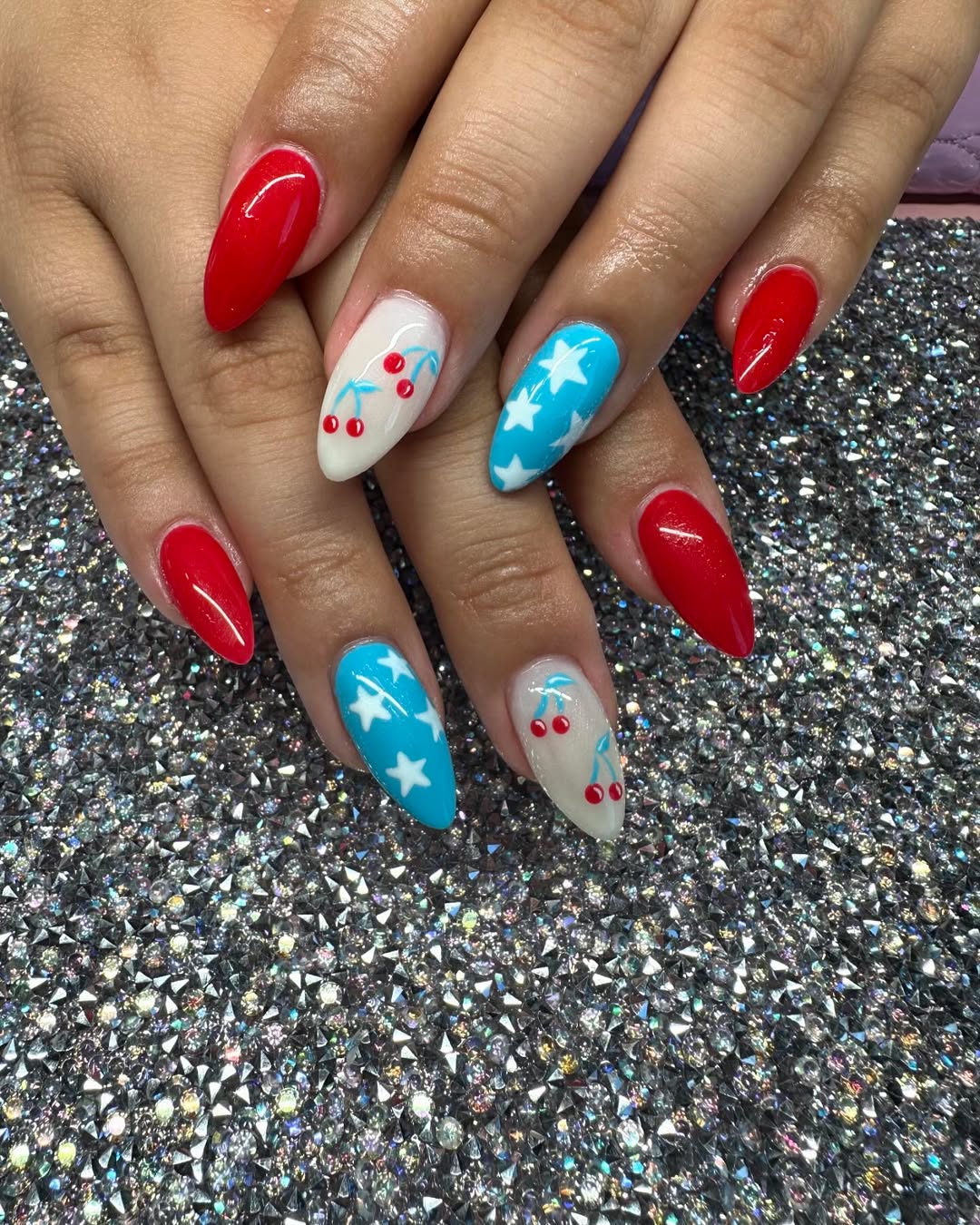 Patriotic Red White Blue Cherry Star Almond Nails