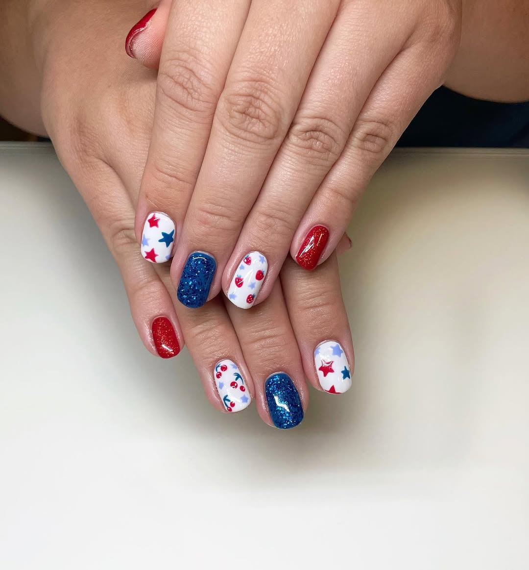 Patriotic Red White Blue Glitter and Fruit Nails