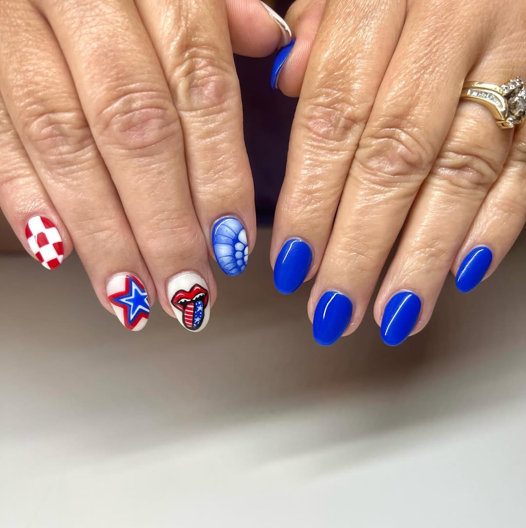 Patriotic Red White Blue Hand Painted Oval Nails
