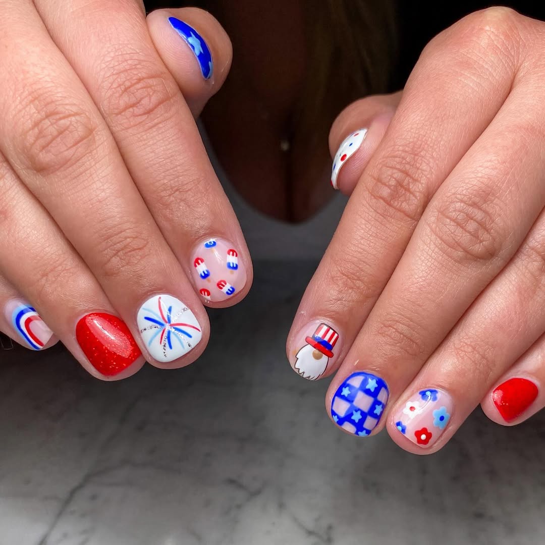 Patriotic Red White Blue Mix-and-Match Nail Art