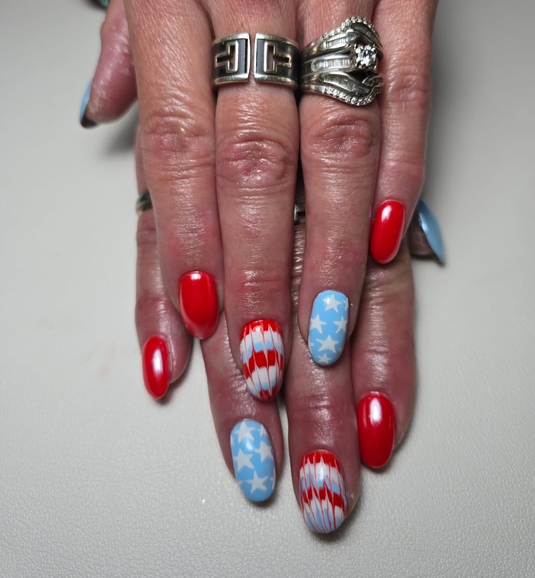 Patriotic Red White Blue Oval Shaped Nail Art