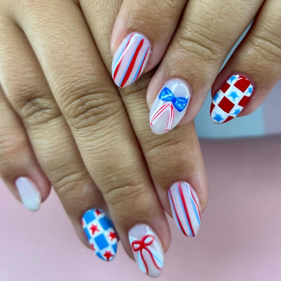 Patriotic Red White Blue Striped Stars Bows Almond Nails
