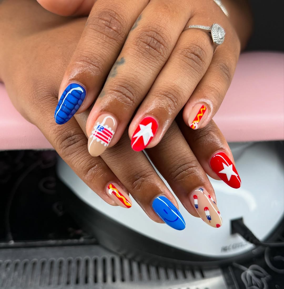 Patriotic USA Hot Dog Long Almond Nails