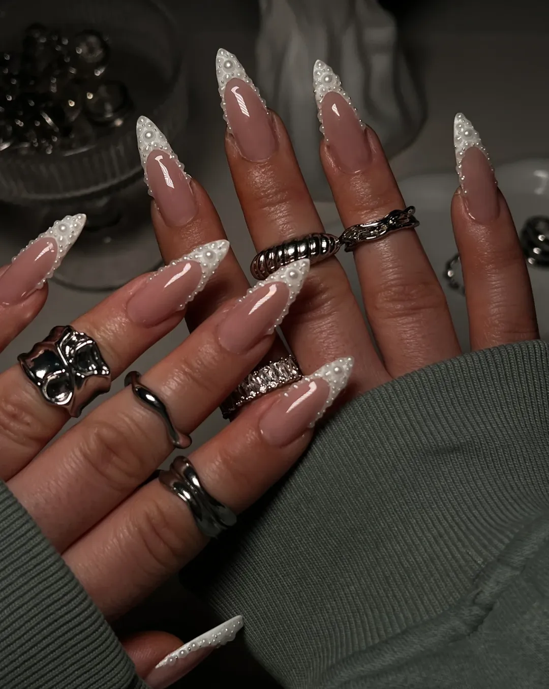 Pearl Embellished White Stiletto French Tips