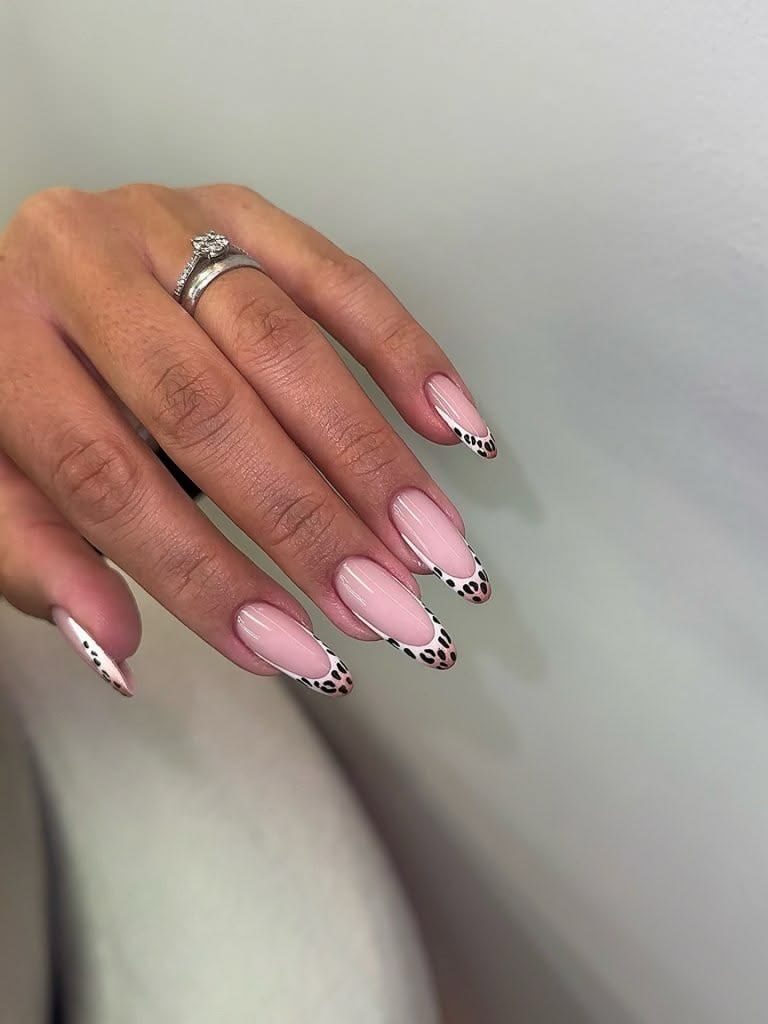 Pink Base White and Leopard Print French Tips