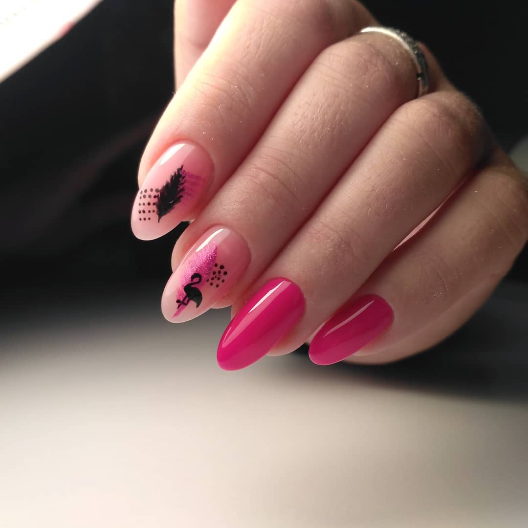 Pink Flamingo Feather Ombré Almond Nails