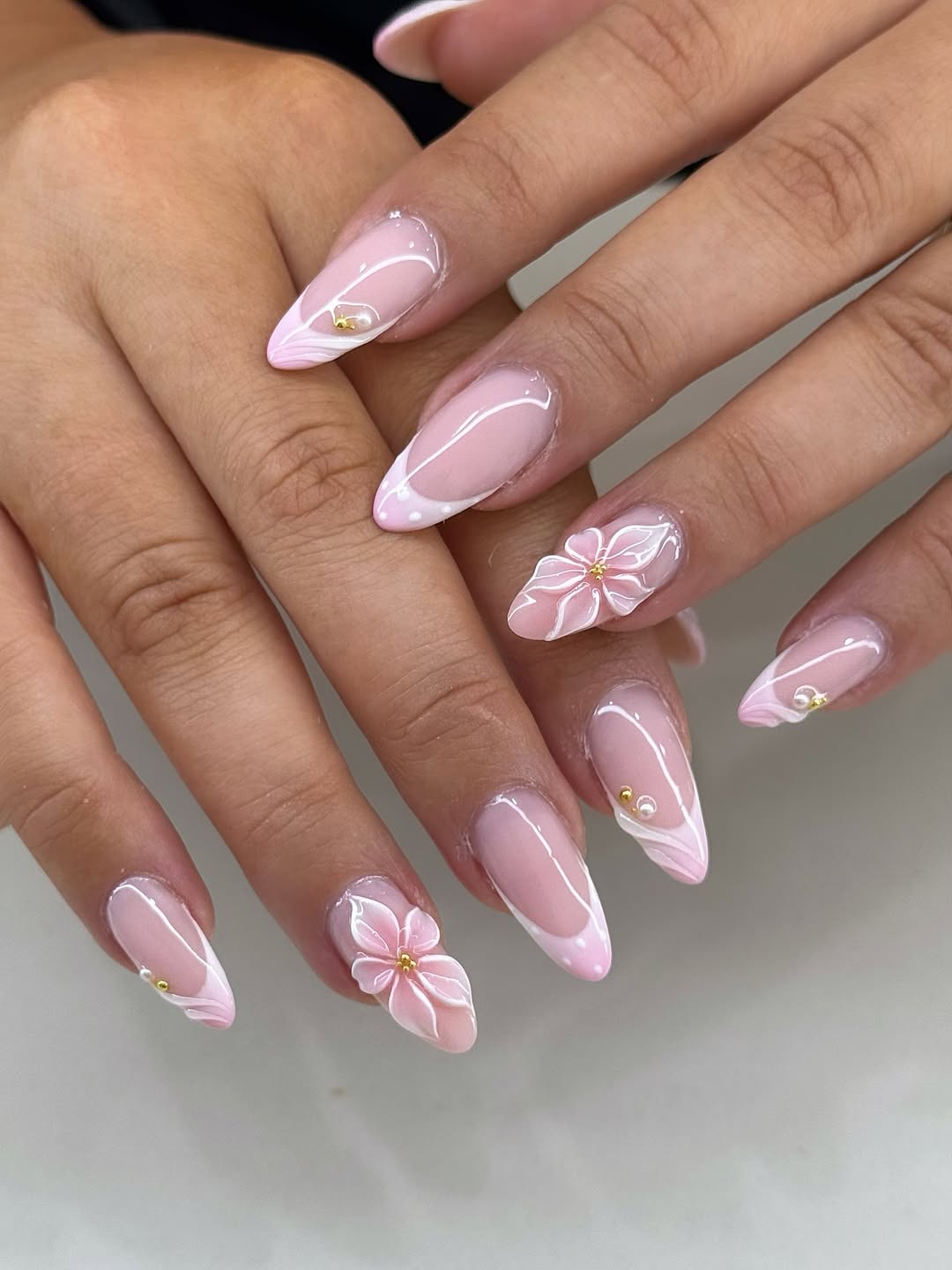 Pink Floral 3D French Pearl Almond Nails