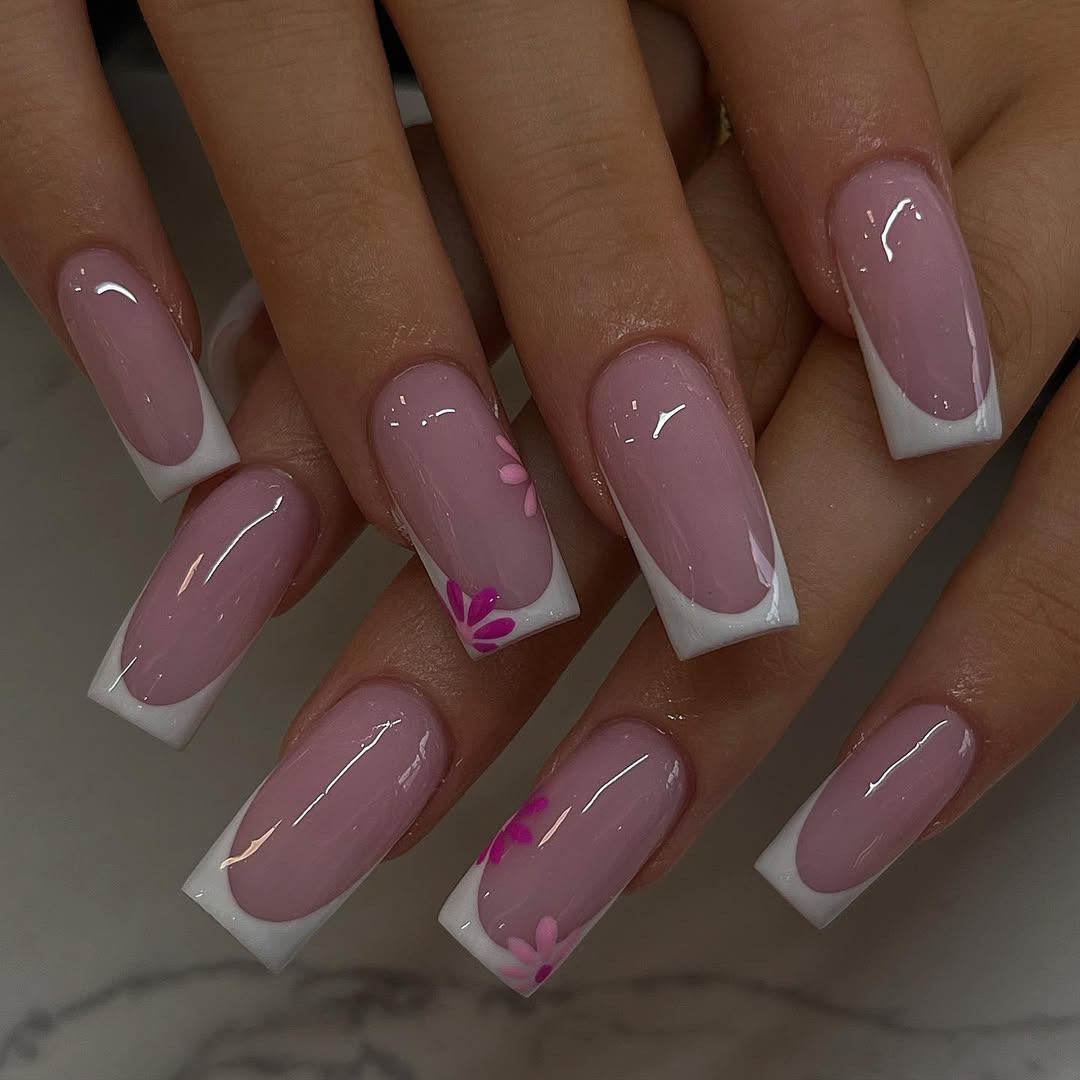 Pink Floral French Tip Coffin Nails