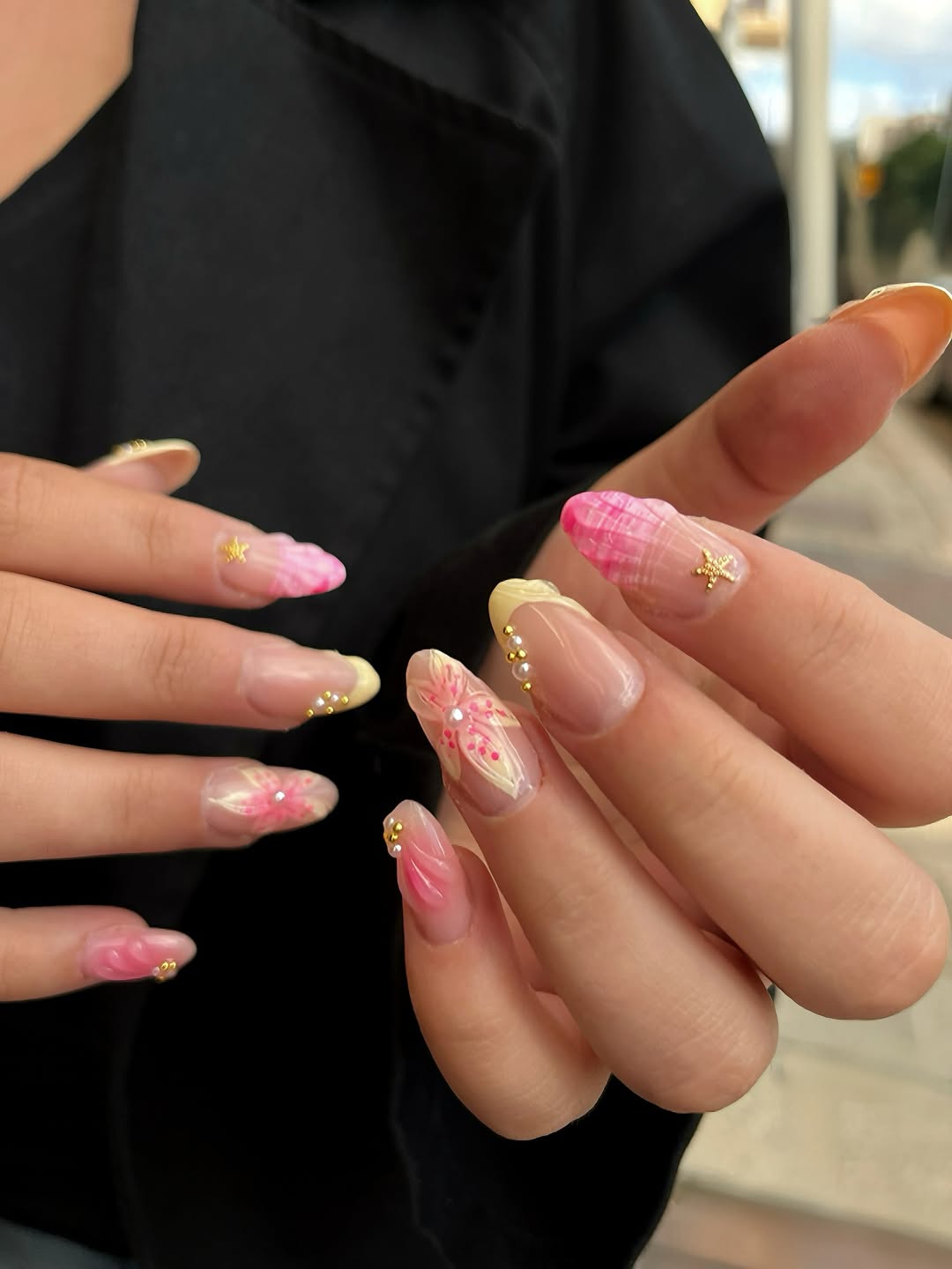 Pink Floral Gold Bejeweled Almond Nails
